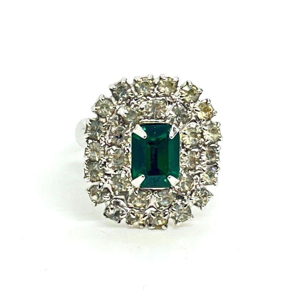 Vintage Hobe Ring Green Rhinestone Halo Adjustable Cocktail Statement Gatsby